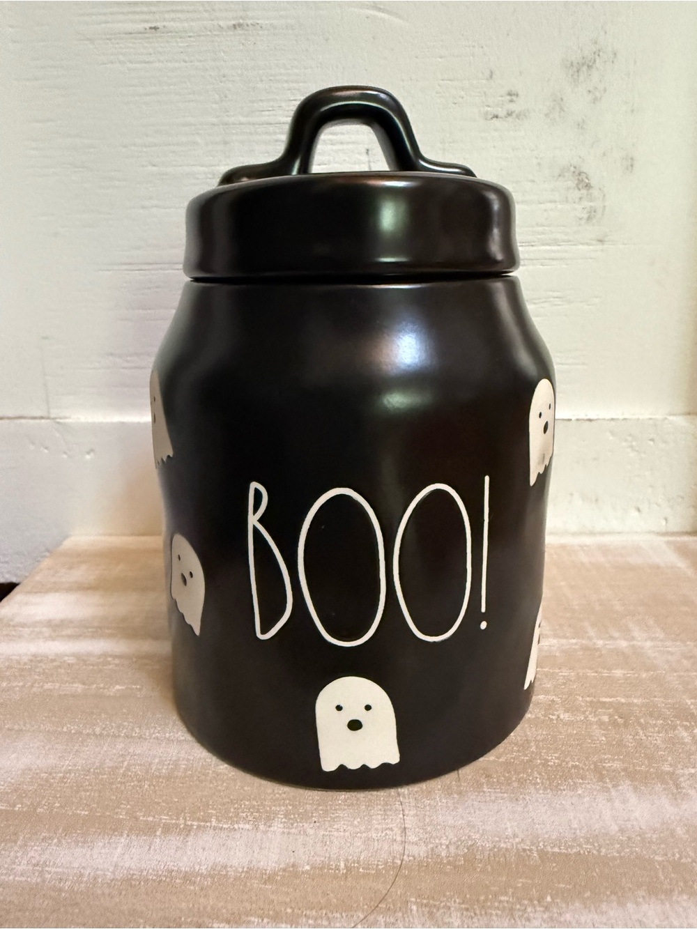 Rae Dunn Halloween "BOO!" Ghost Ceramic Treat Jar - Black & White